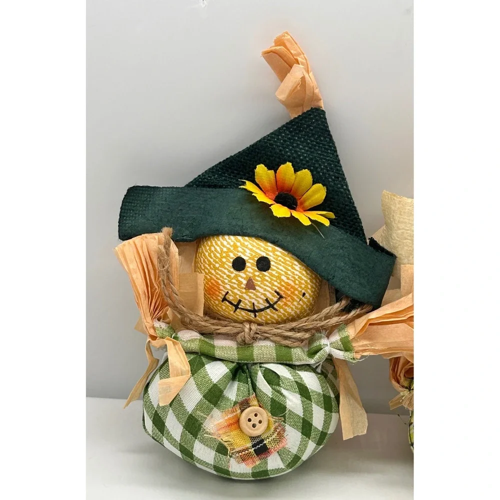 Autumn Scarecrow Figurine Set 2pc Green Yellow Gingham Plaid Fall Harvest Decor